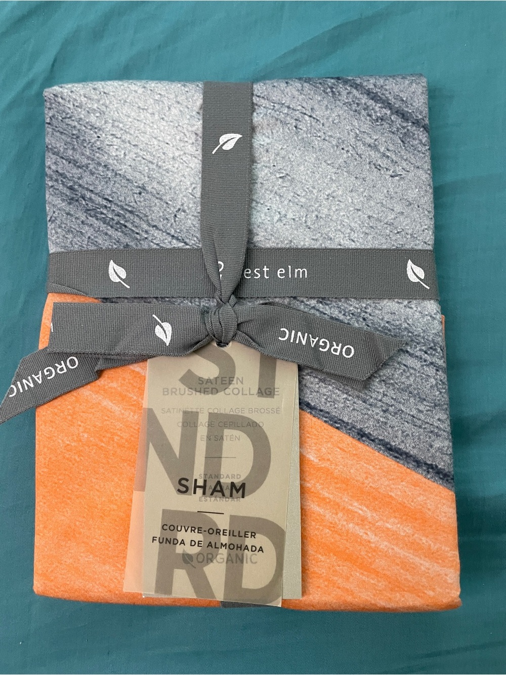 NWT West Elm Satin Silky Orange and Gray Brushed Collage standard Sz Pillow Sham